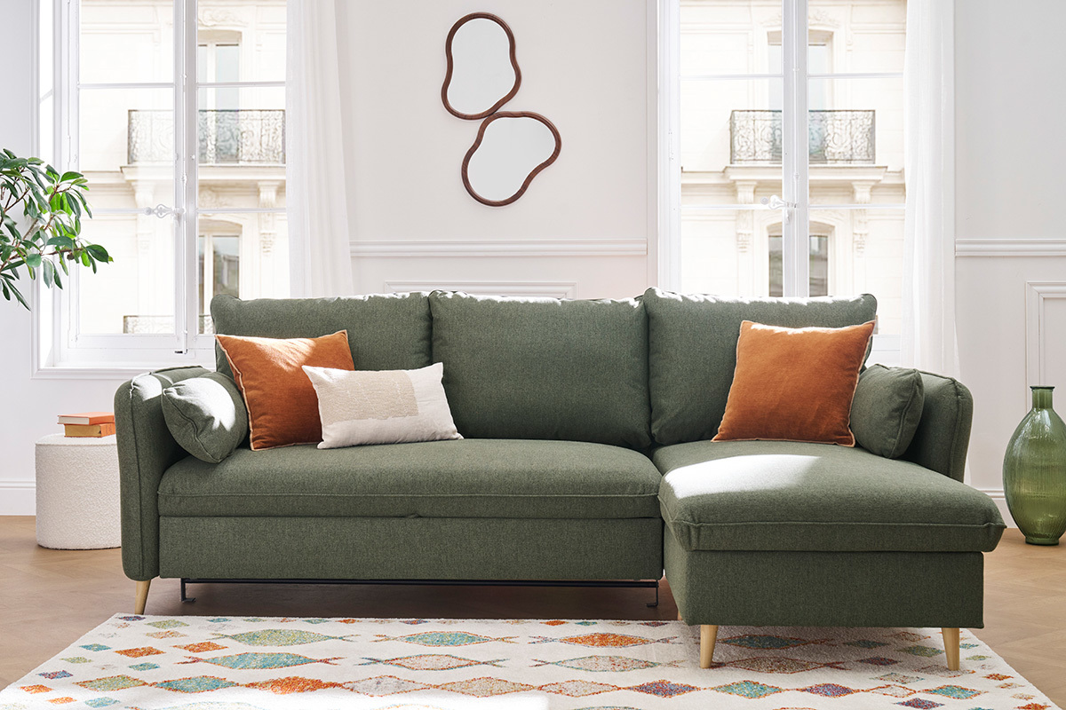 Sof de esquina convertible reversible con bal 3-4 plazas en tela verde caqui y madera clara DRISS