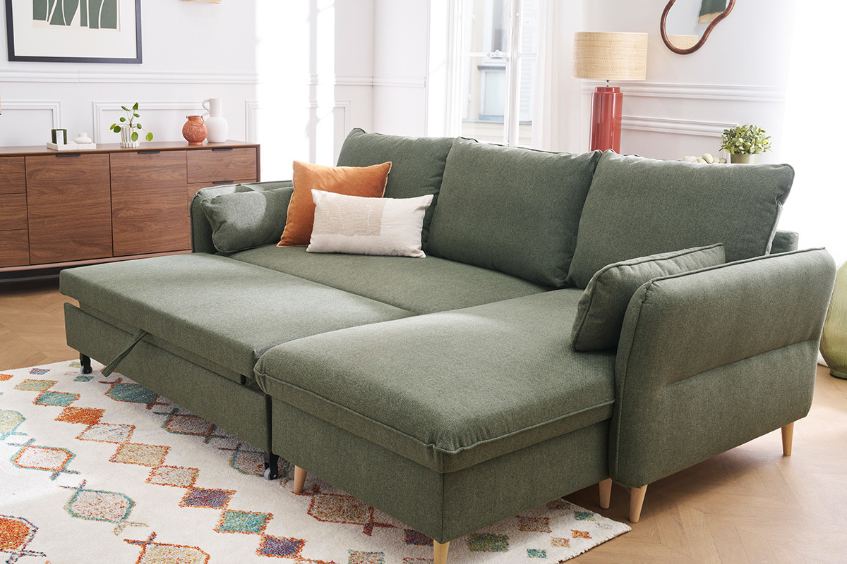 Sof de esquina convertible reversible con bal 3-4 plazas en tela verde caqui y madera clara DRISS