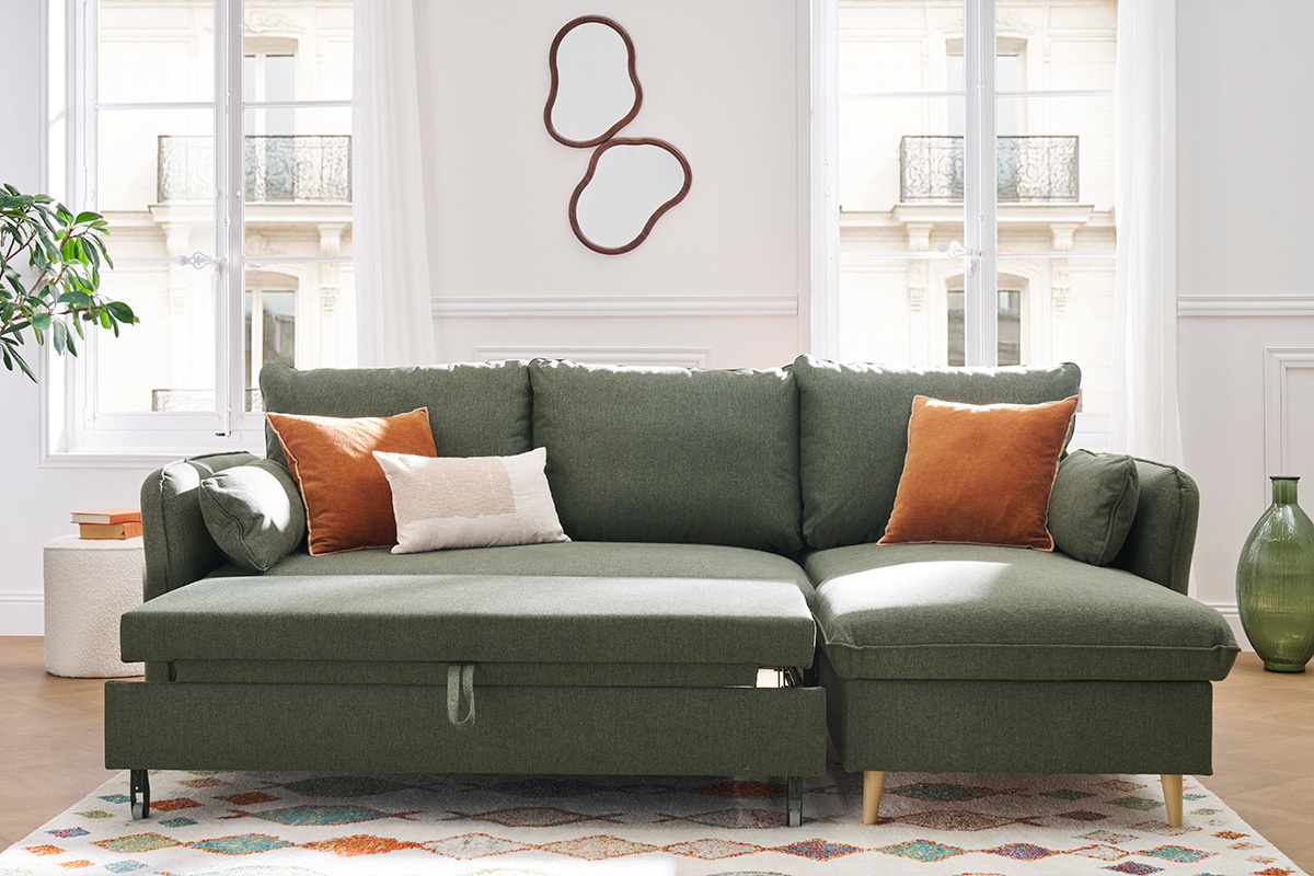 Sof de esquina convertible reversible con bal 3-4 plazas en tela verde caqui y madera clara DRISS