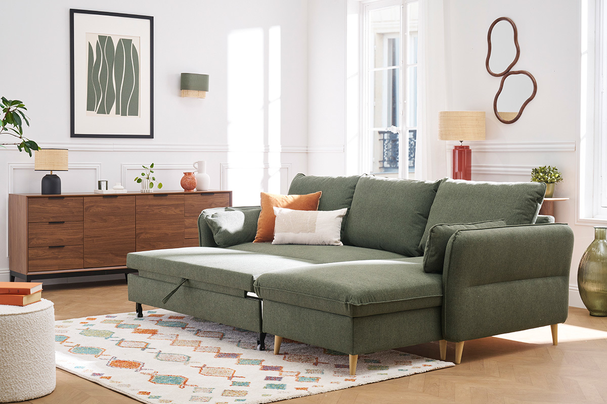 Sof de esquina convertible reversible con bal 3-4 plazas en tela verde caqui y madera clara DRISS