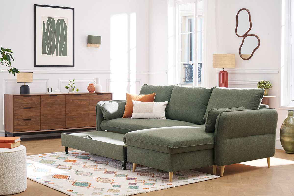 Sof de esquina convertible reversible con bal 3-4 plazas en tela verde caqui y madera clara DRISS