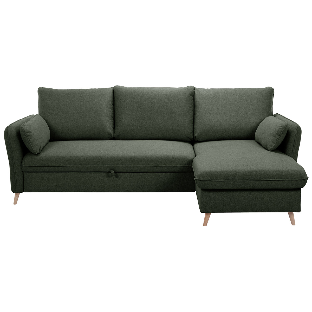 Sofá de esquina convertible reversible con baúl 3-4 plazas en tela verde caqui y madera clara DRISS
