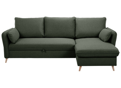 Sofá de esquina convertible reversible con baúl 3-4 plazas en tela verde caqui y madera clara DRISS