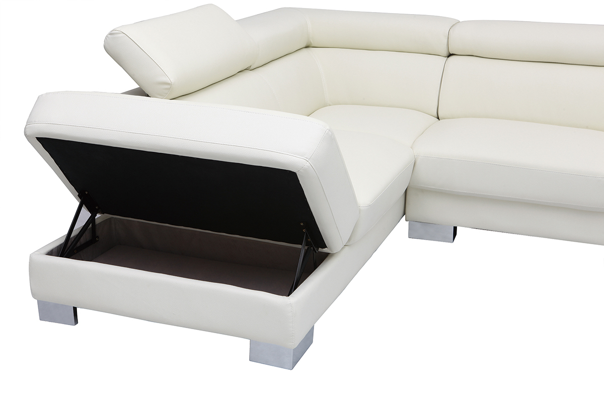 Sof� de esquina cuero con cofre y cabeceros ajustables blanco FRANKLIN