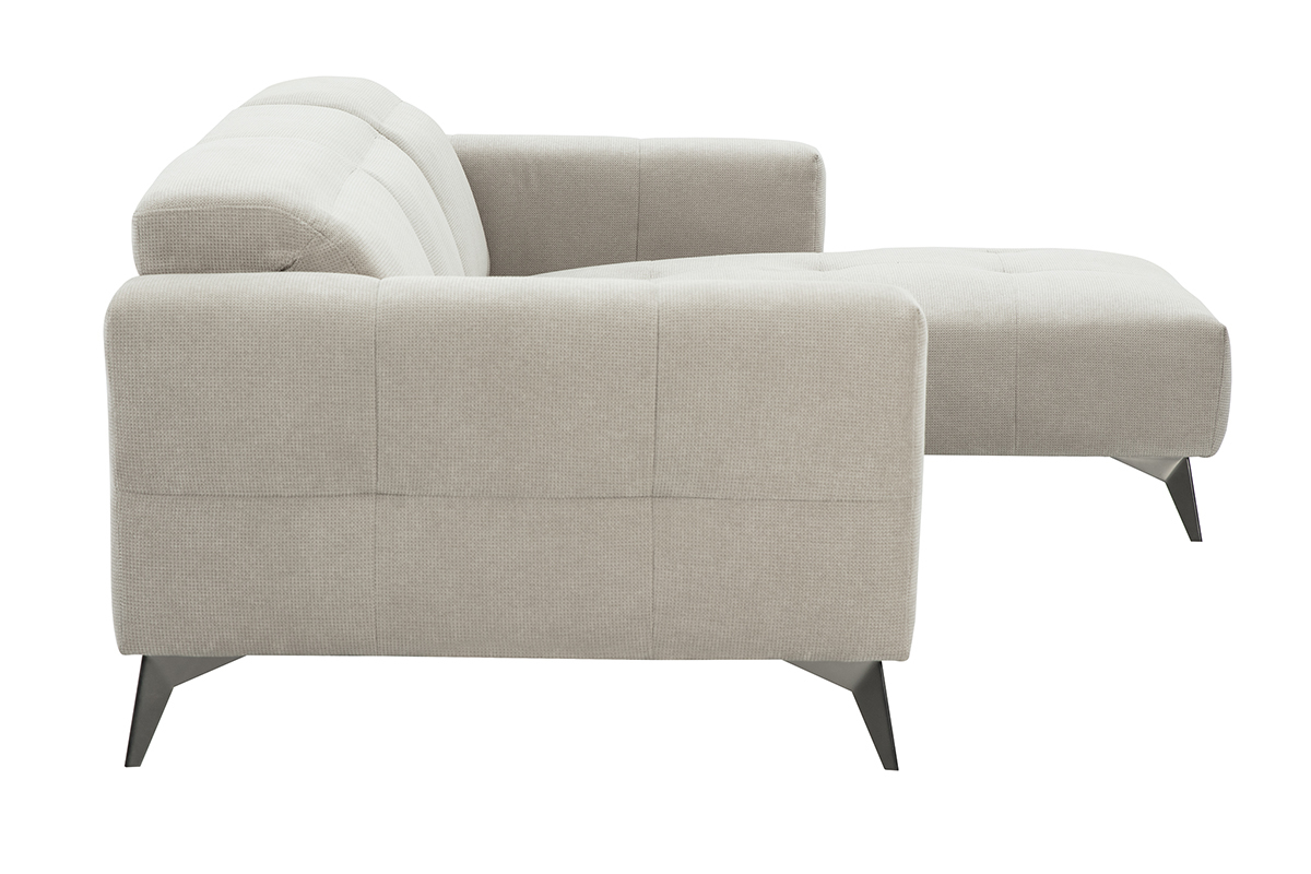 Sof� de esquina derecho beige, tela de chenilla y patas de metal, vista lateral.
