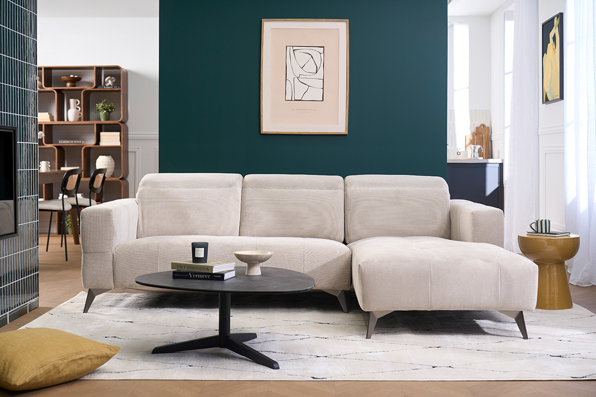 Sof� de esquina derecha de 3 plazas con reposacabezas ajustables en tela de chenilla beige y metal L236.5 cm NORELL
