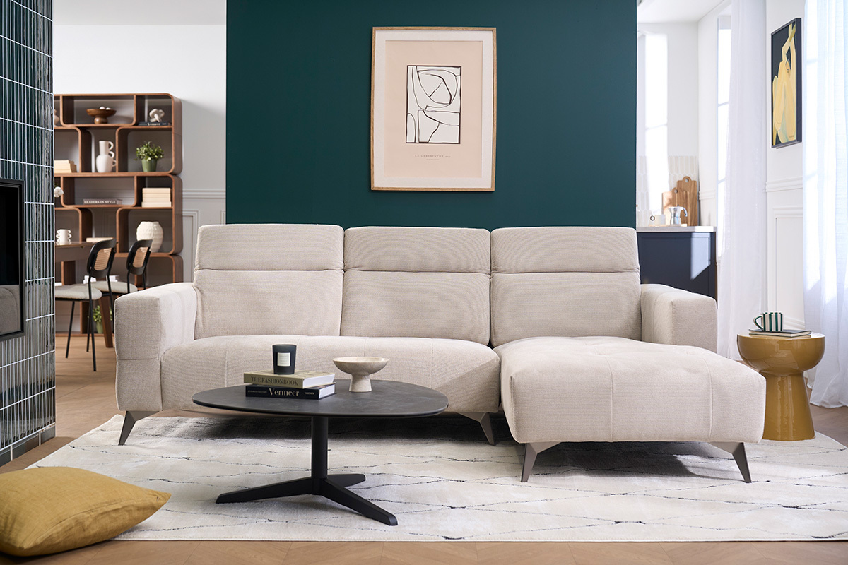 Sof� de esquina derecha de 3 plazas con reposacabezas ajustables en tela de chenilla beige y metal L236.5 cm NORELL