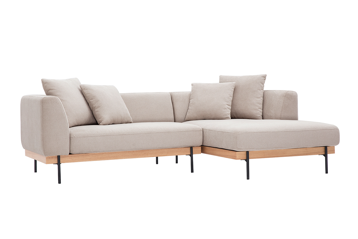 Sof� de esquina derecha de 4 plazas en tela beige y metal negro, vista de 3/4.