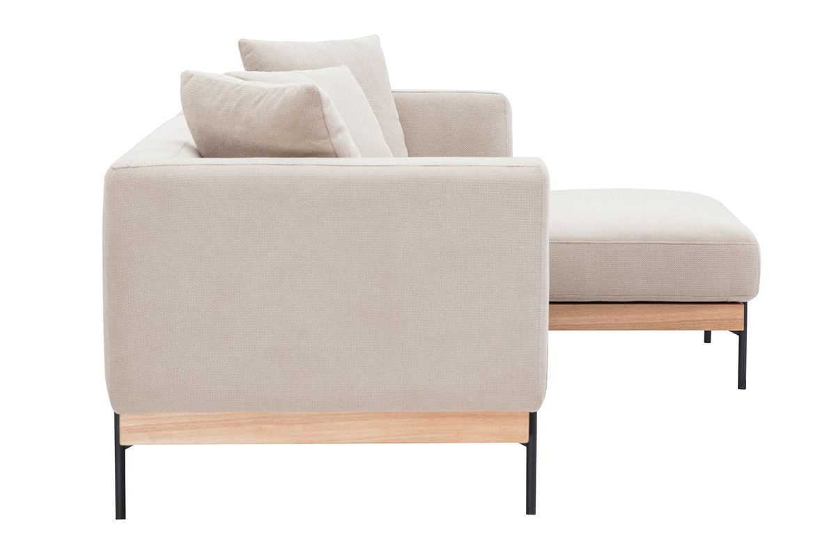 Sof� de esquina derecha beige en tela de chenilla, vista lateral, patas de metal negro.