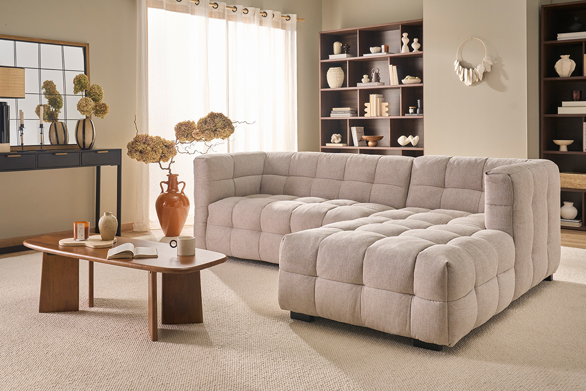 Sof� de esquina derecha dise�o 3 plazas en tela efecto terciopelo texturizado beige CORTO