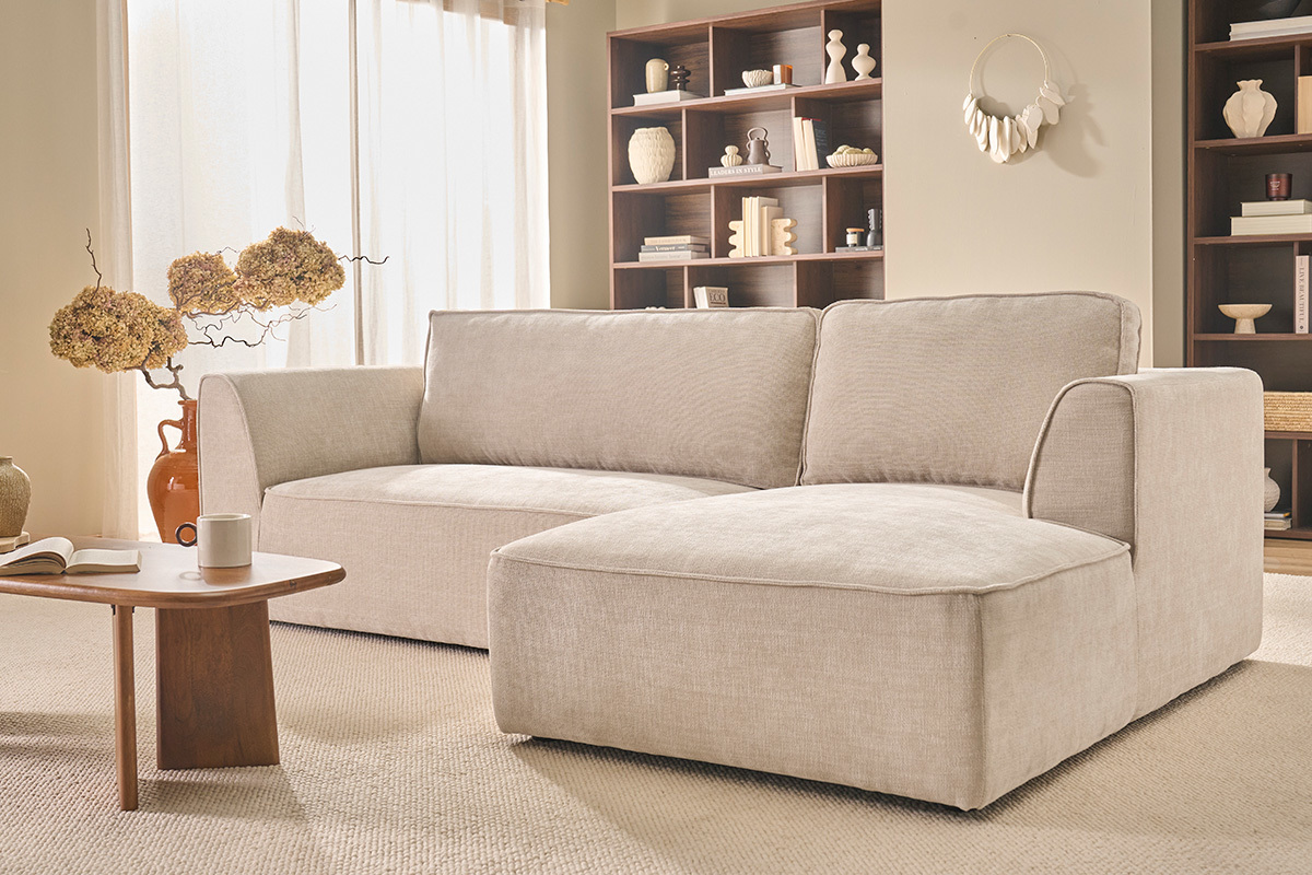 Sof� de esquina derecha dise�o en tela efecto terciopelo texturizado beige 3 plazas GRAMMY