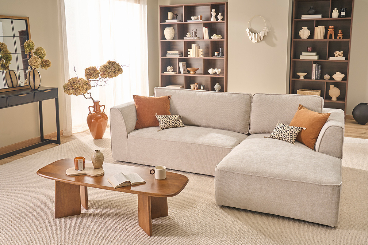 Sof� de esquina derecha dise�o en tela efecto terciopelo texturizado beige 3 plazas GRAMMY