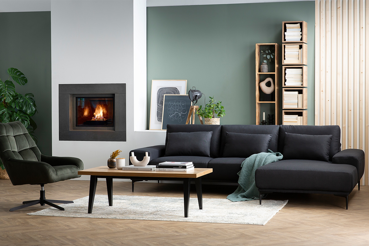 Sof de esquina derecha moderno en tejido gris oscuro con respaldo ajustable KONRAD