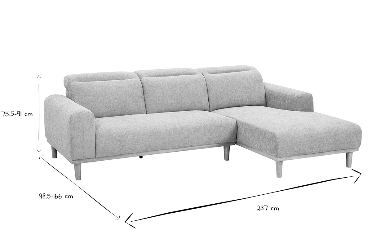 Dimensiones del sof� de esquina derecho de 3 plazas HORACIO en negro y blanco, vista frontal.