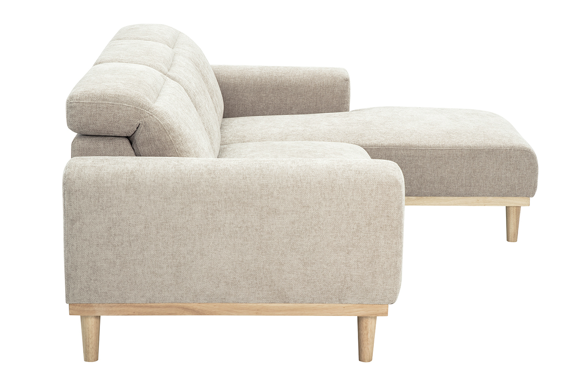 Sof� de esquina derecho beige en tela efecto terciopelo, vista lateral, patas de madera clara.
