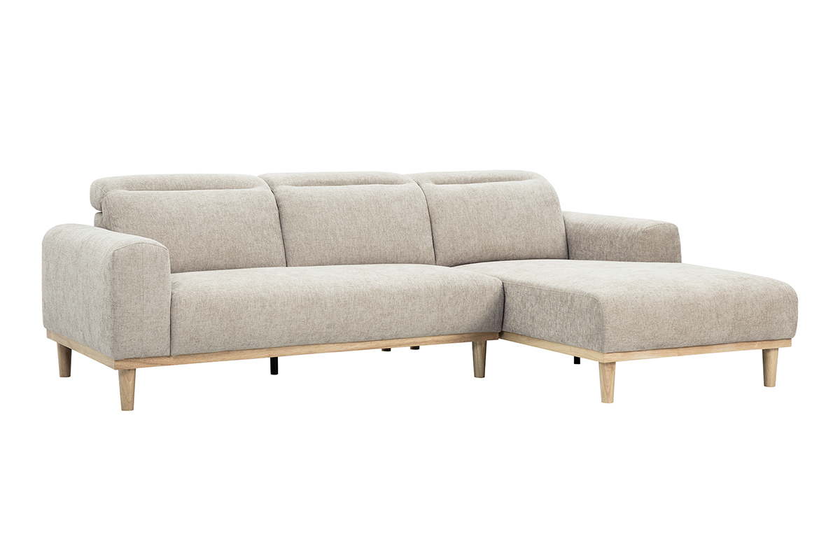 Sof� de esquina derecho de 3 plazas en tela beige y madera clara, vista de 3/4.