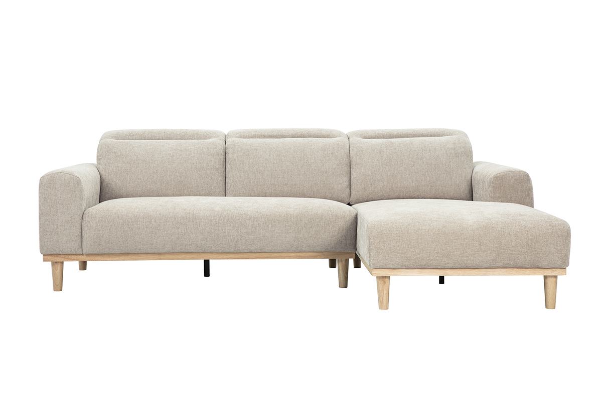Sof� de esquina derecha beige de tela efecto terciopelo con patas de madera clara, vista frontal.