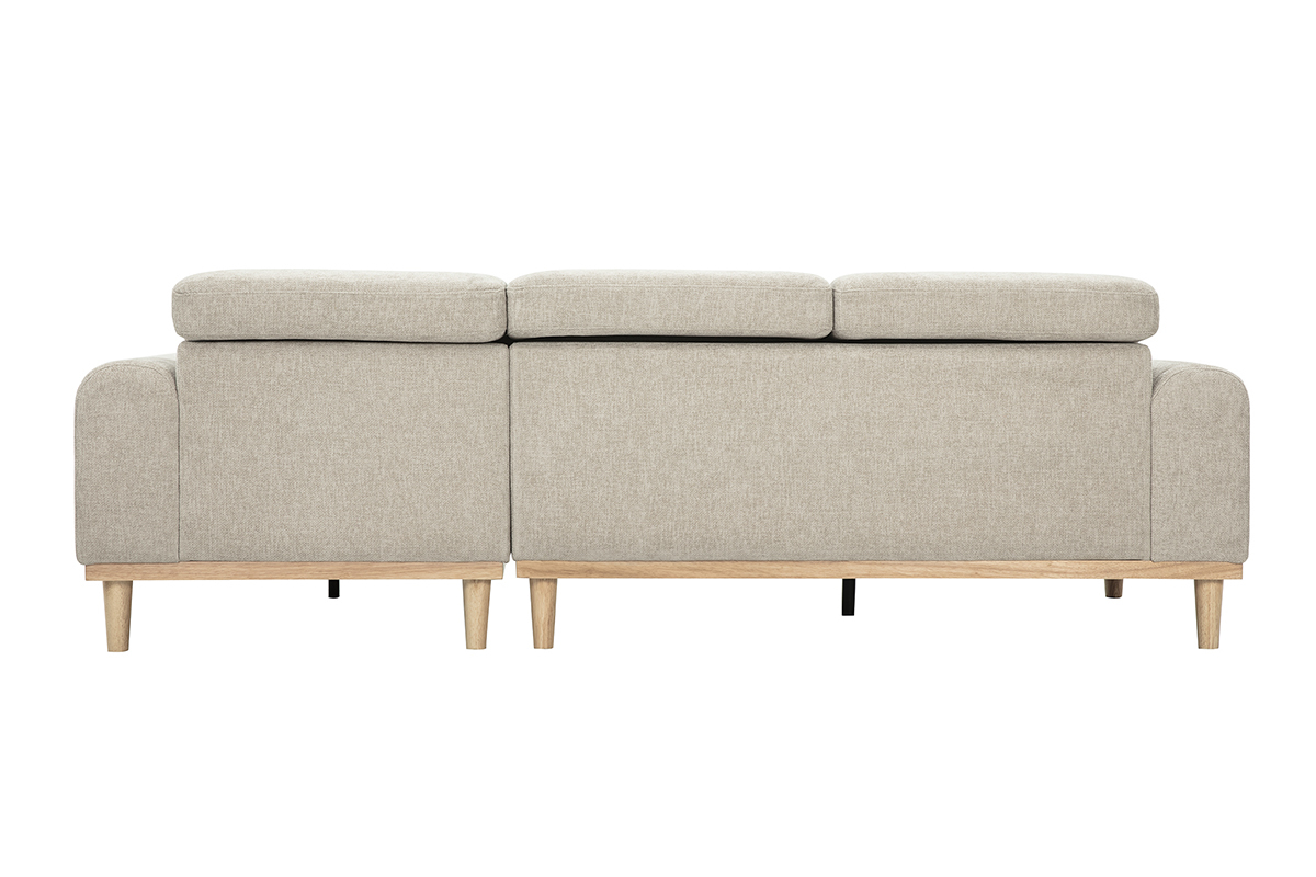 Vista trasera del sof� esquinero beige HORACIO con patas de madera clara, reposacabezas visibles.