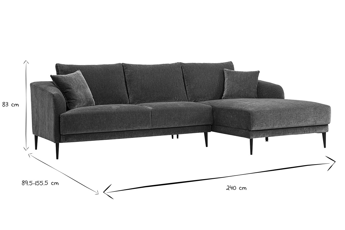 Dimensiones del sof� rinconero derecho JERRY en negro y blanco: L240 x P89.5-155.5 x H83 cm.