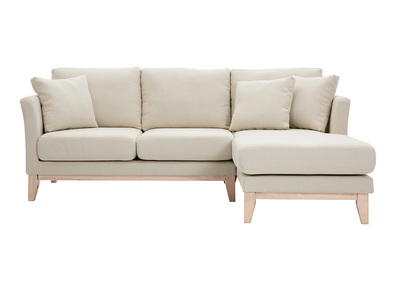 Sofá de esquina derecho desenfundable de 4 plazas en tela beige y madera clara OSLO