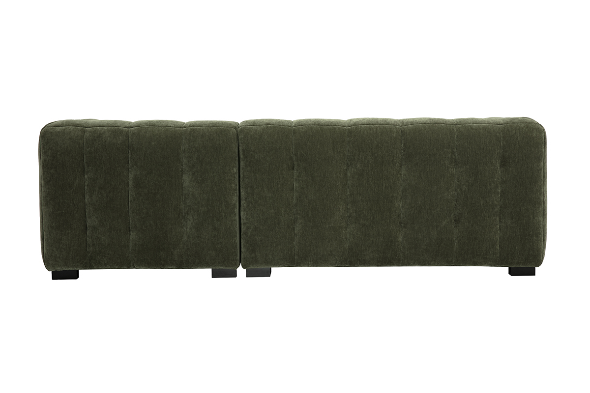 Vista trasera de un sof de esquina derecha de 3 plazas en tela de terciopelo verde caqui.