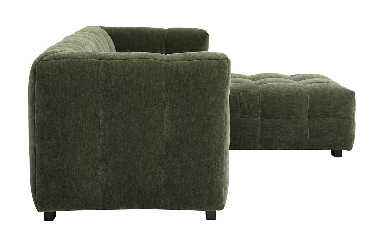 Sof de esquina derecho de 3 plazas en tela de terciopelo verde caqui, vista lateral.