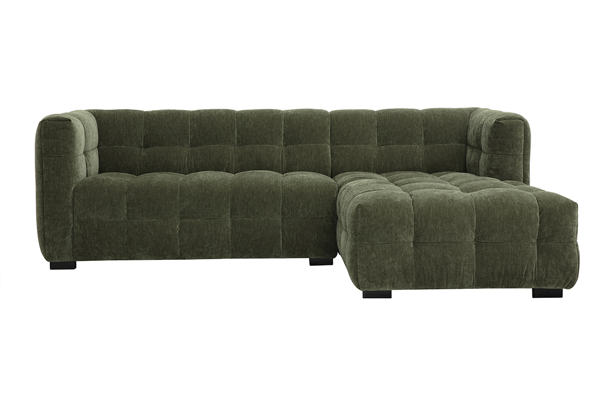 Sof esquinero derecho de 3 plazas en tela verde caqui, efecto terciopelo, ngulo visto de frente.