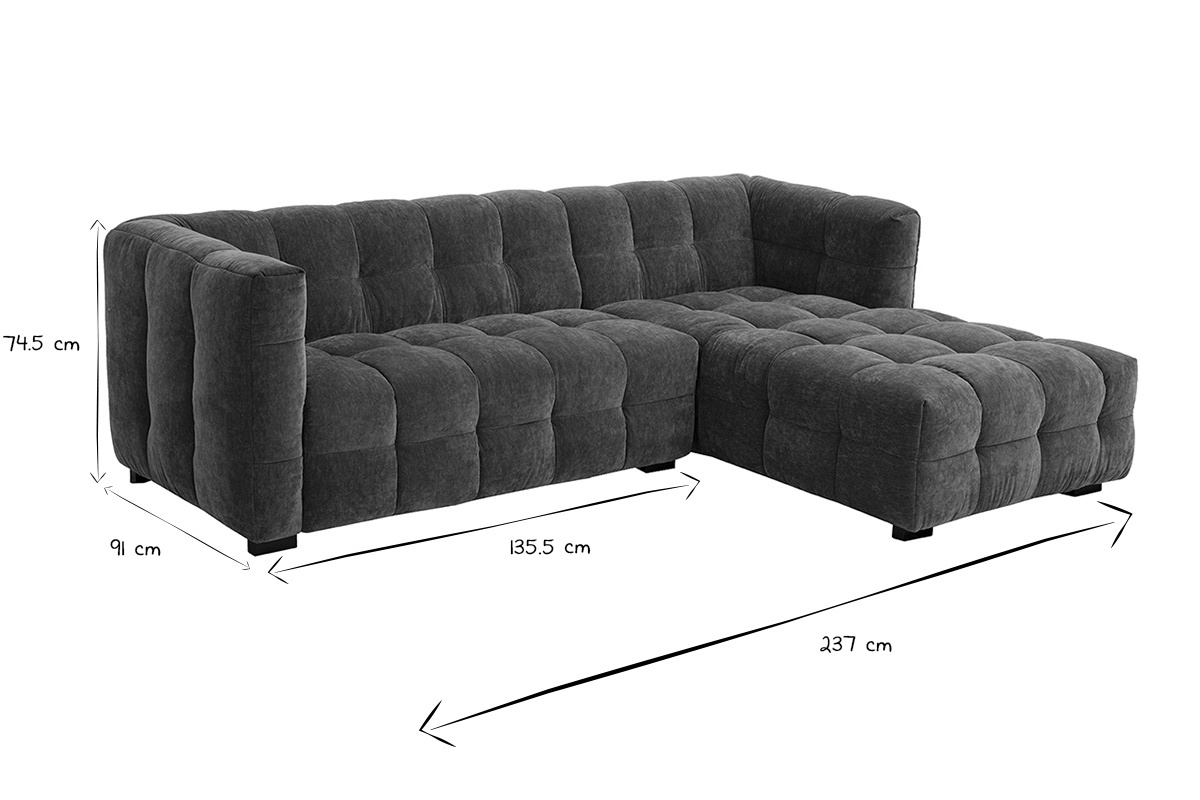 Sof rinconero derecho de 3 plazas efecto terciopelo verde caqui CORTO, vista lateral, dimensiones indicadas.