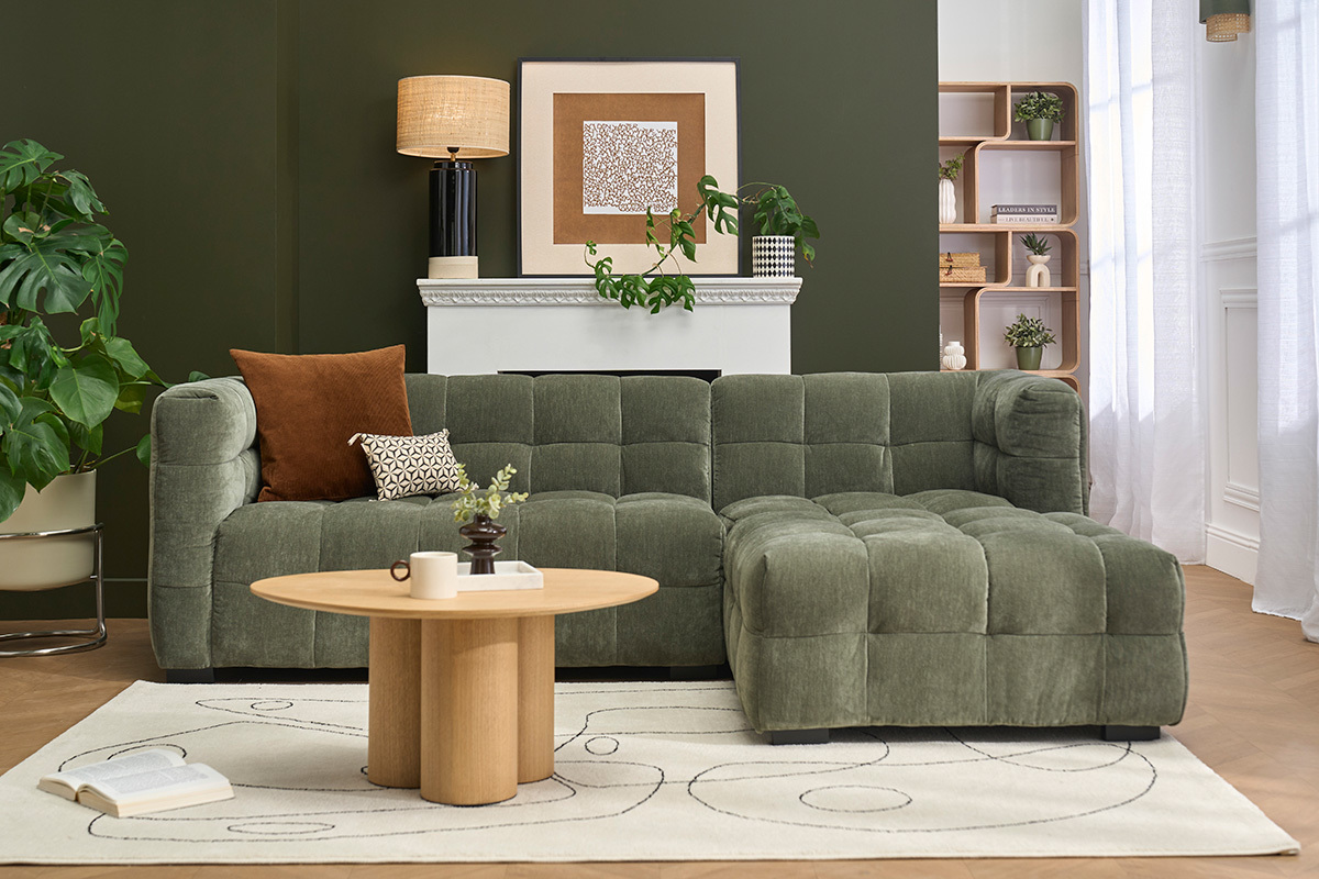 Sof� de esquina derecho dise�o 3 plazas en tela efecto terciopelo verde kaki CORTO