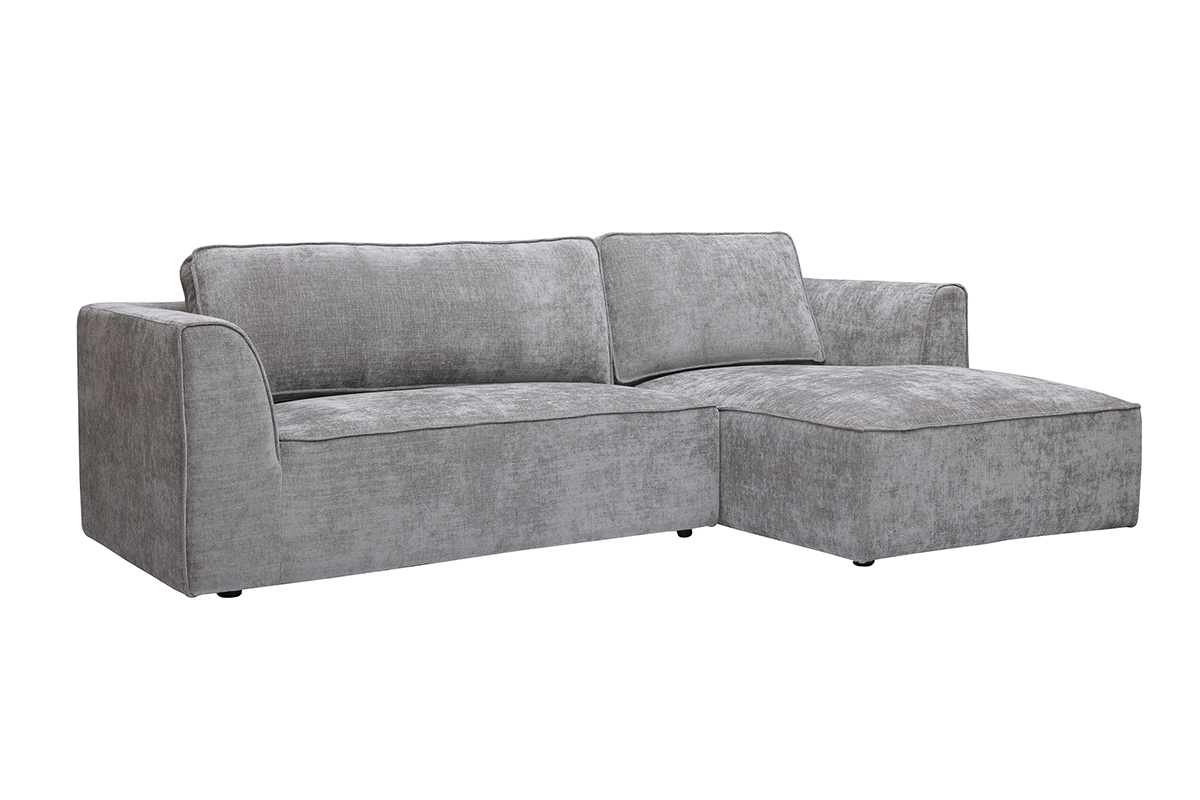 Sof� de esquina derecha de 3 plazas en tela gris, vista de 3/4.