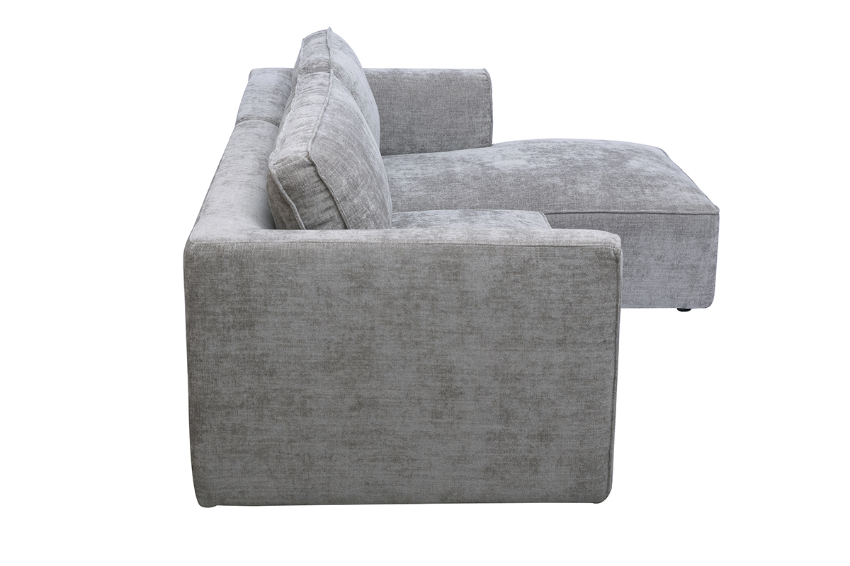 Sof� de esquina derecha gris en tela efecto terciopelo, vista lateral.