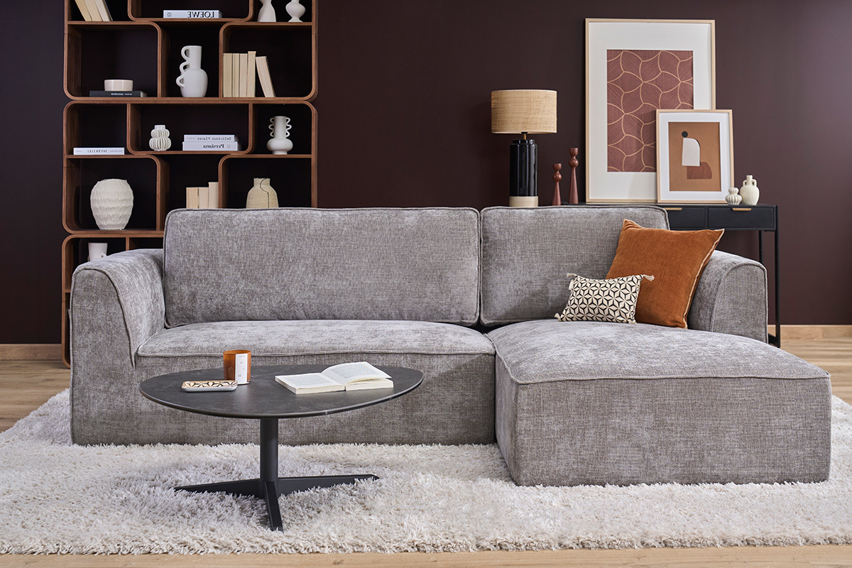 Sof� de esquina derecho dise�o en tela efecto terciopelo texturizado gris 3 plazas GRAMMY