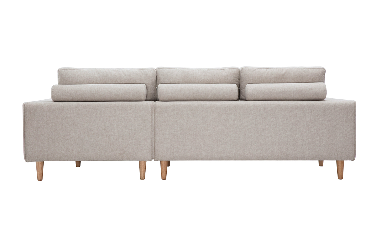 Vista trasera de un sof� de esquina derecho en tela beige con patas de madera clara.