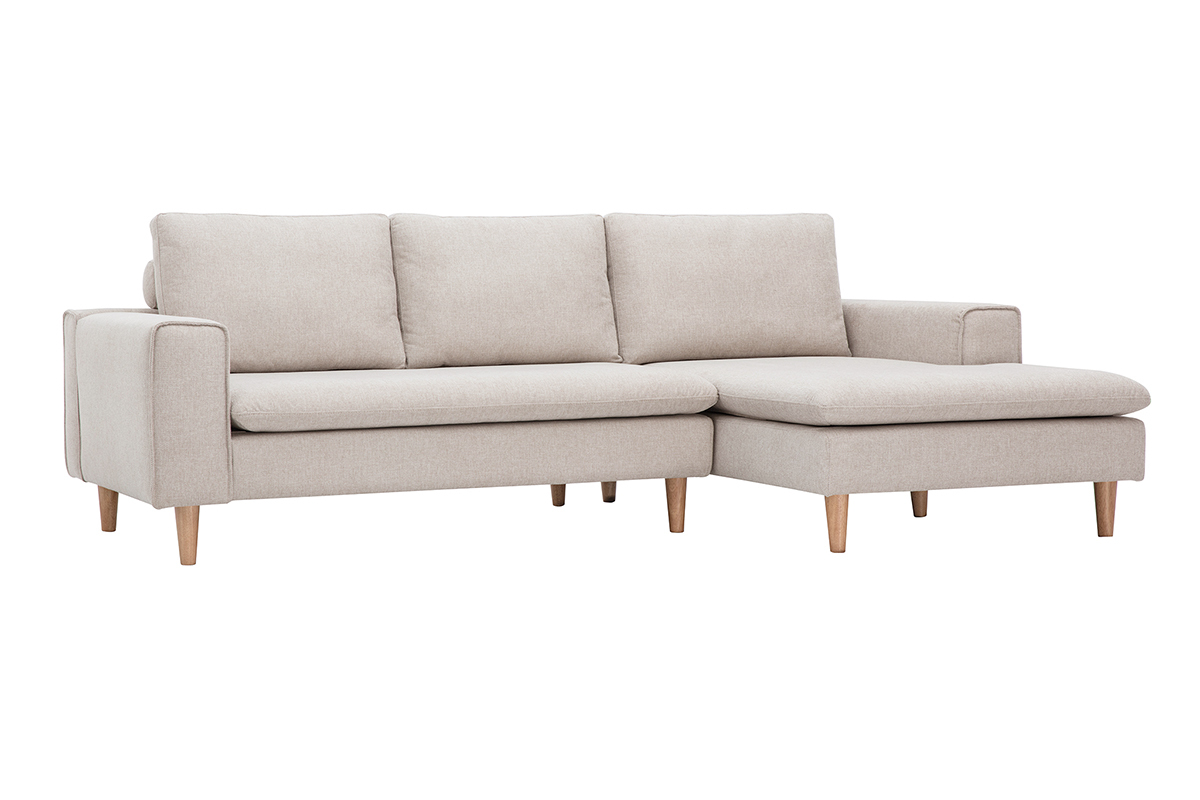 Sof� de esquina derecho beige en tela efecto terciopelo con patas de madera clara, vista de 3/4.