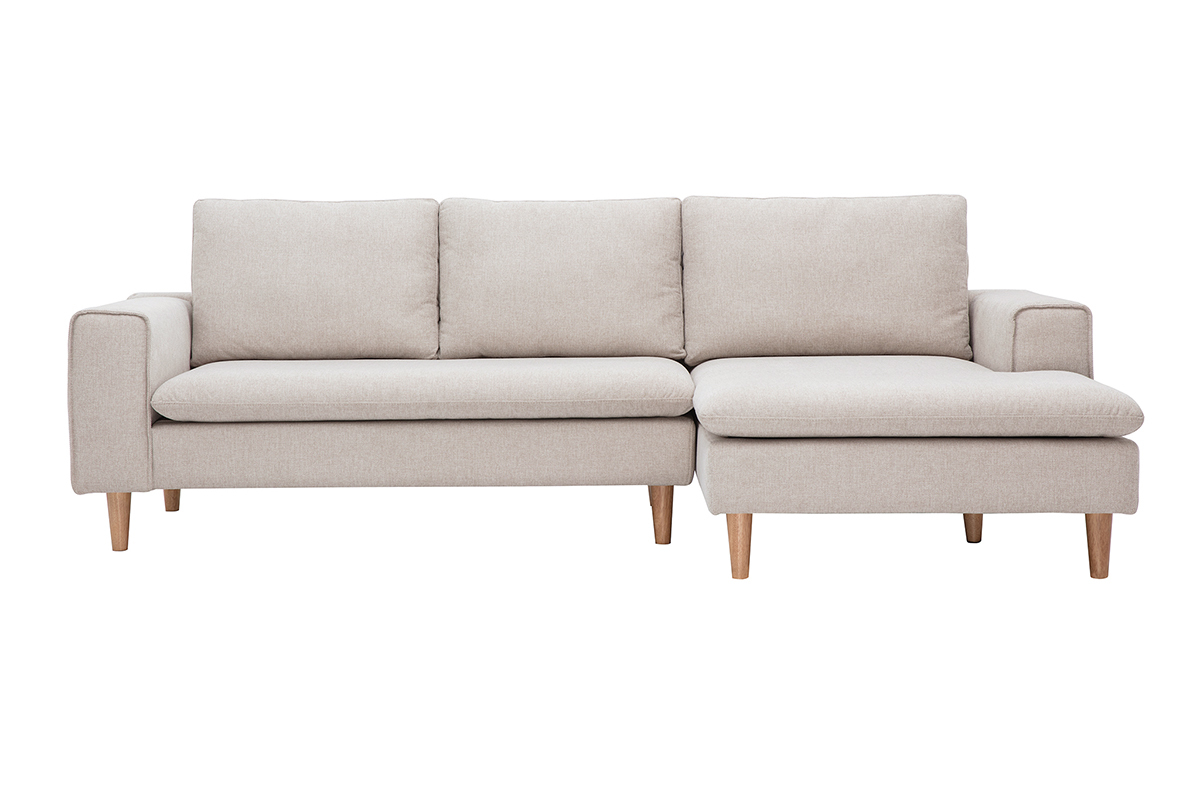 Sof� de esquina derecha en tela beige con patas de madera clara, vista frontal.