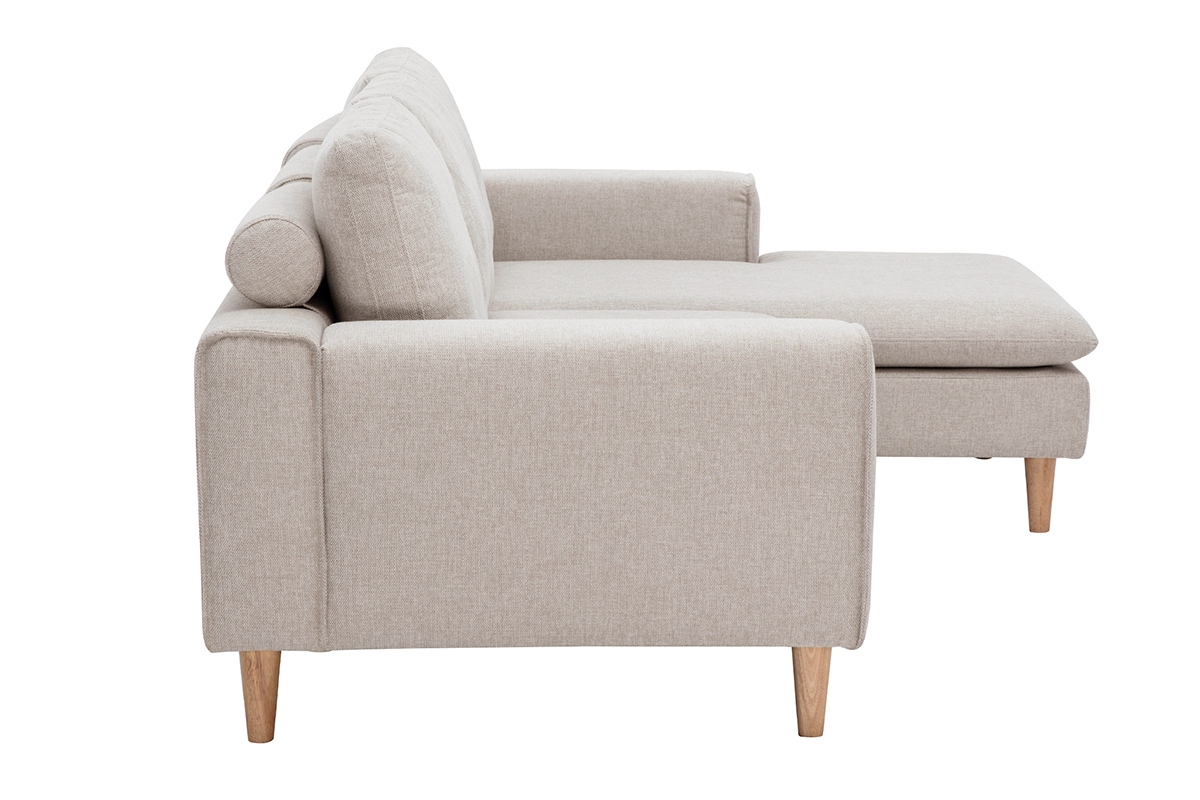 Sof� de esquina derecha en tela beige y madera clara, vista lateral.