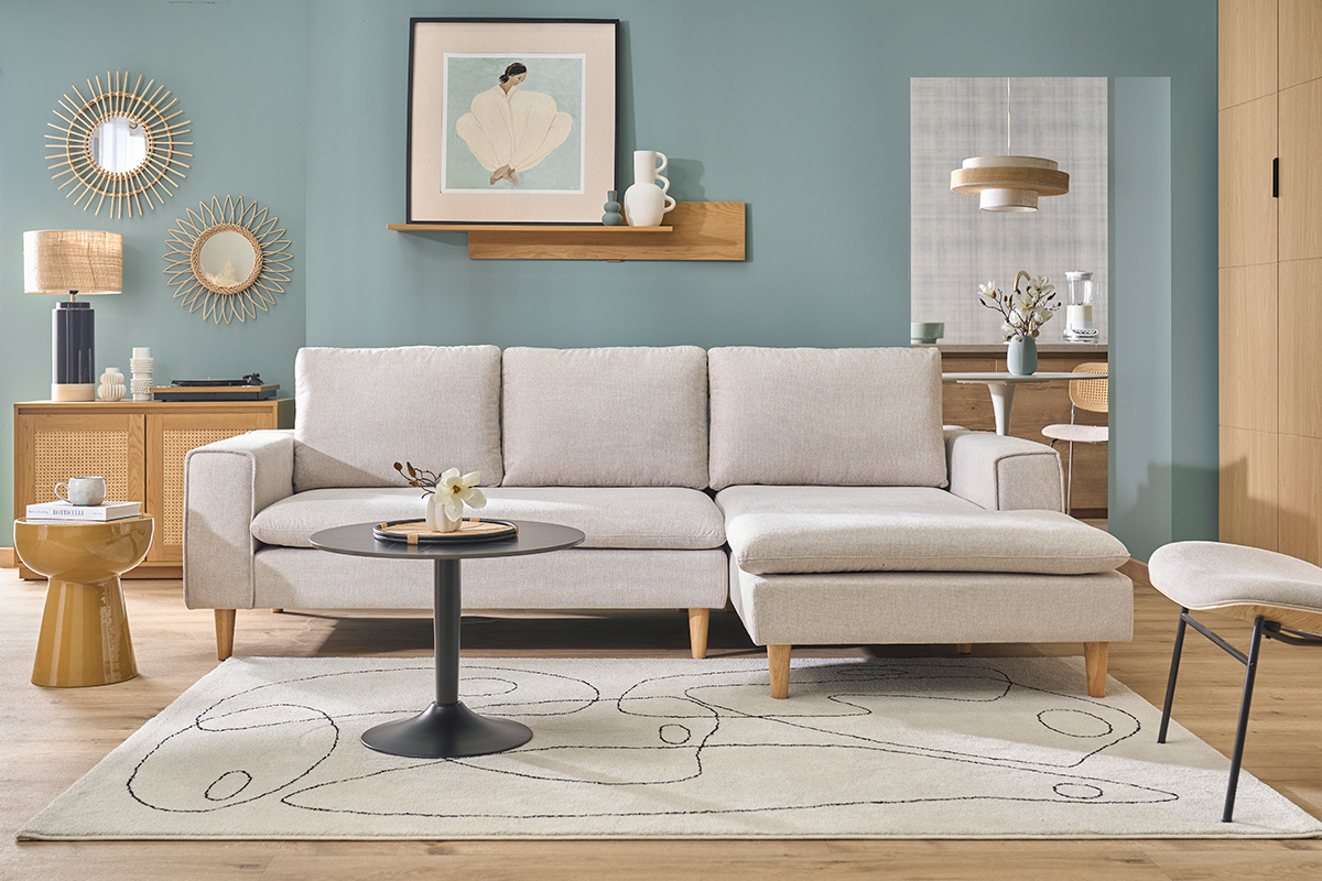 Sof� de esquina derecho en tela efecto terciopelo texturizado beige y madera clara RAGNAR