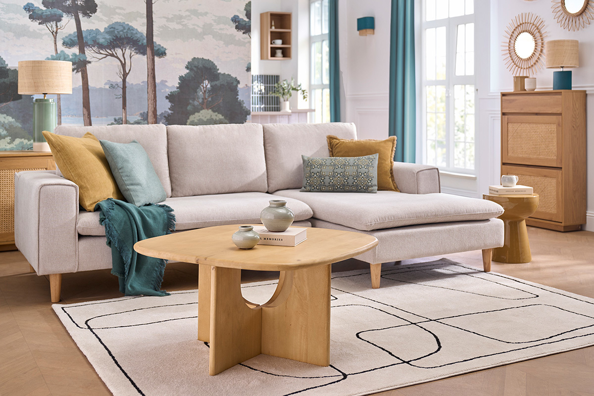 Sof� de esquina derecho en tela efecto terciopelo texturizado beige y madera clara RAGNAR