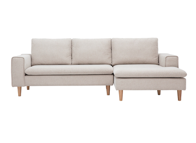 Sof&aacute; de esquina derecho en tela efecto terciopelo texturizado beige y madera clara RAGNAR