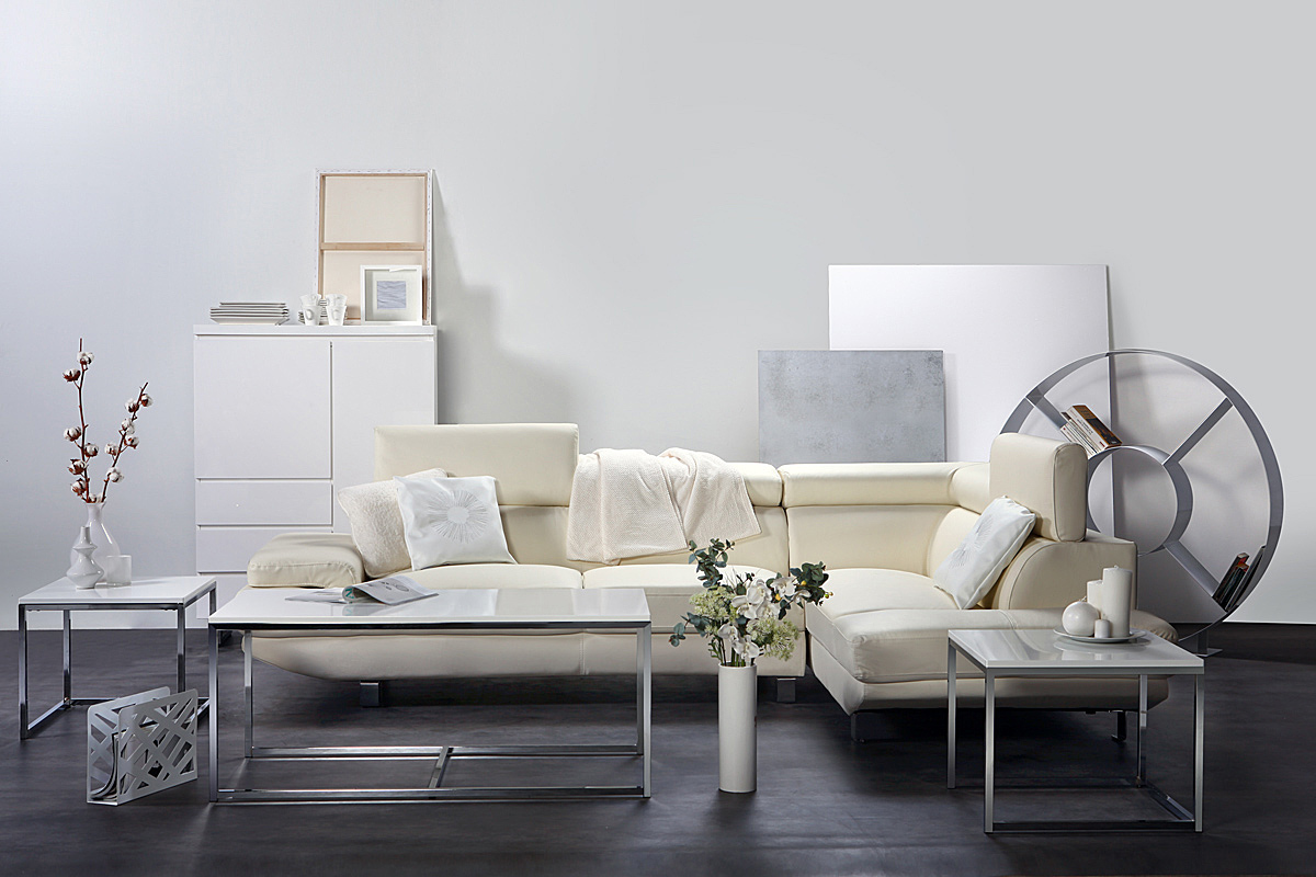 Sof� de esquina en cuero blanco con cabeceros ajustables JENKINS