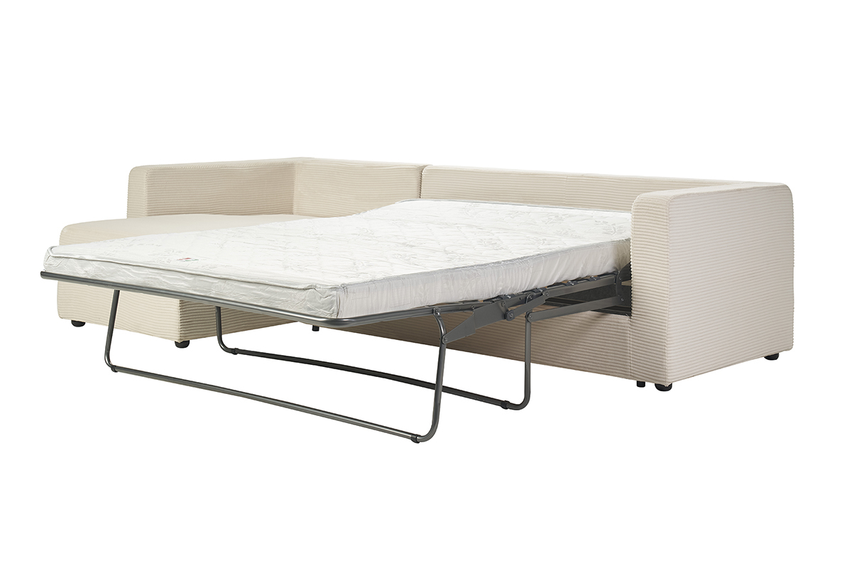 Sof esquinero izquierdo convertible en beige con colchn desplegado, vista de 3/4.