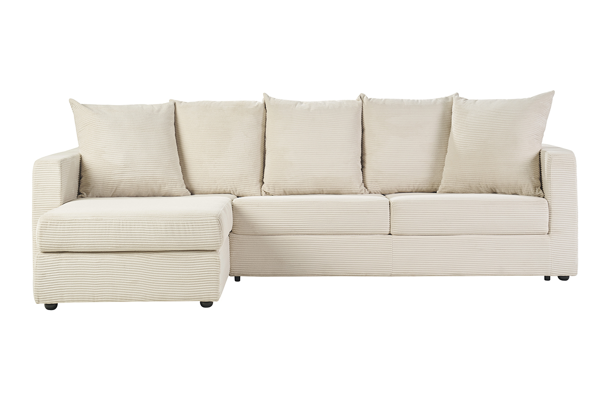 Sof esquinero convertible izquierdo de 4 plazas en pana beige, vista frontal.