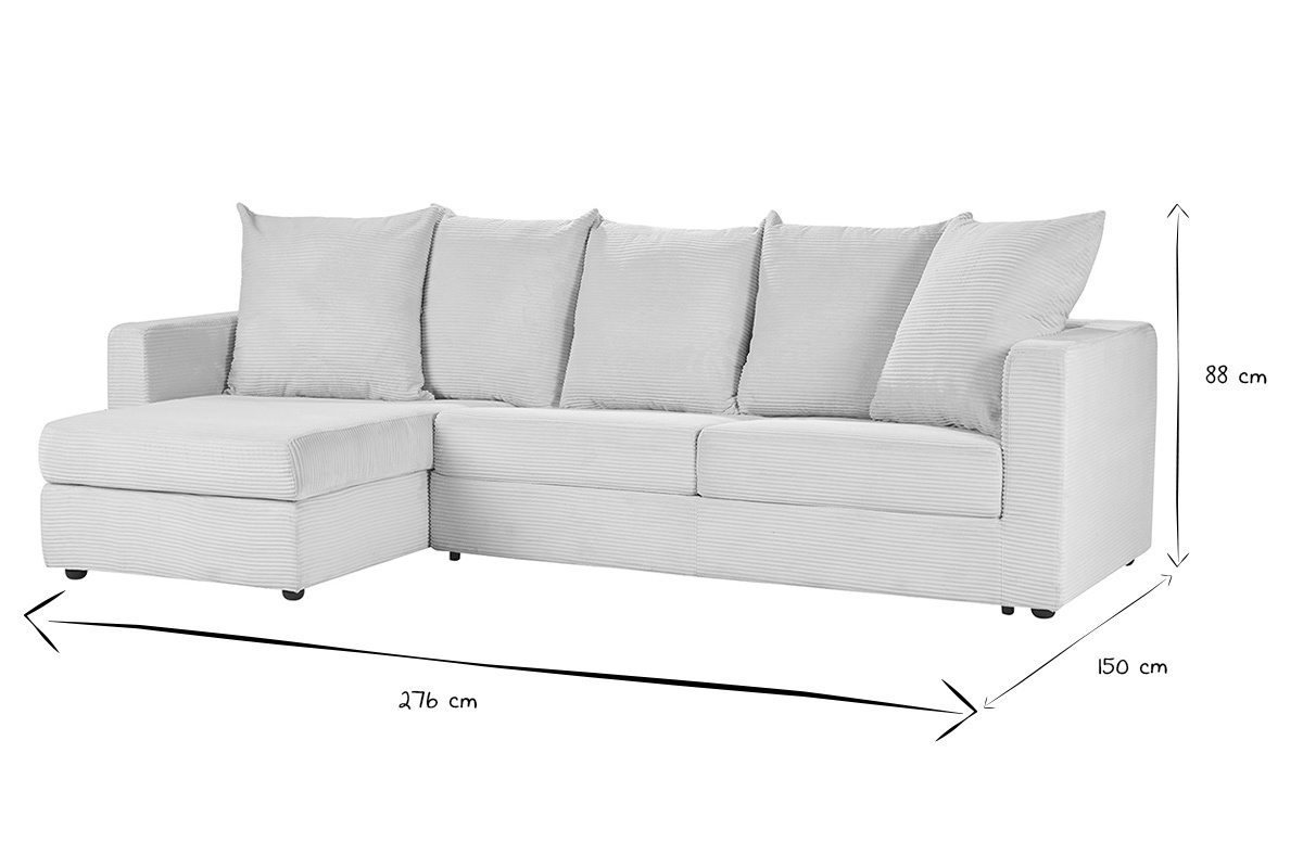 Sof esquinero izquierdo convertible con dimensiones: 276x150x88 cm, en negro y blanco.
