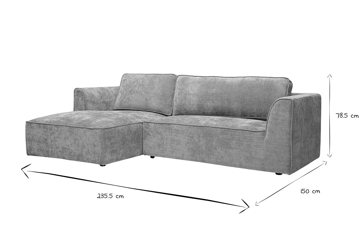 Sof� de esquina izquierdo gris de 3 plazas con dimensiones de 235,5x150x78,5 cm, vista frontal, en blanco y negro.