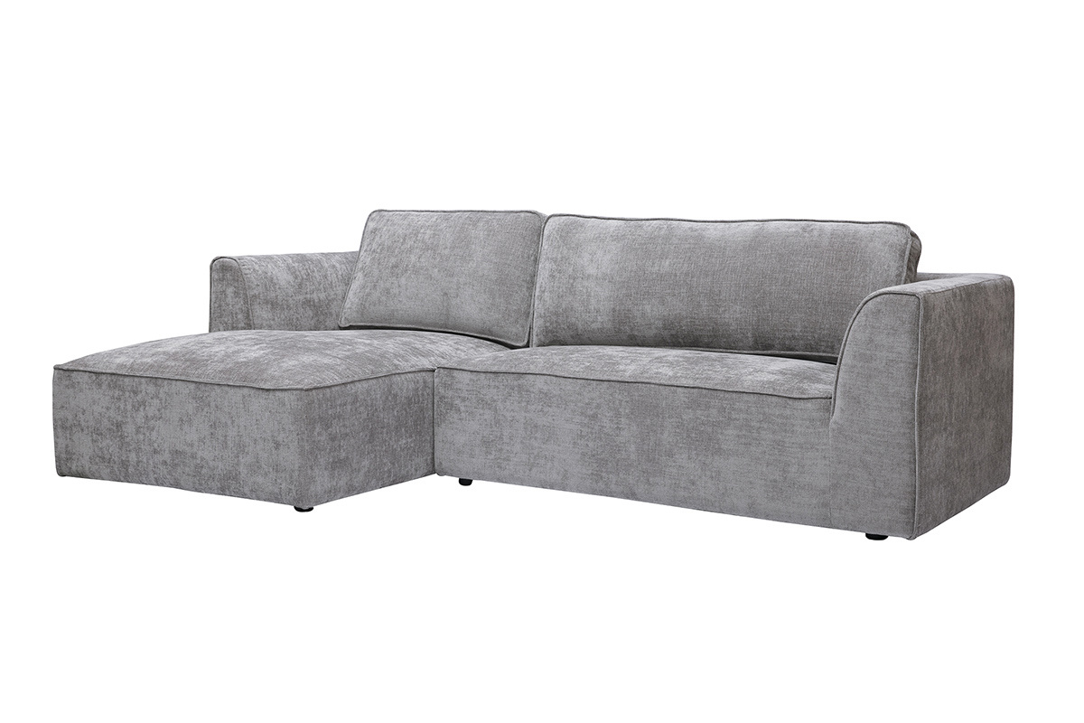 Sof� de esquina izquierda gris de tela con efecto terciopelo texturizado, vista de 3/4.