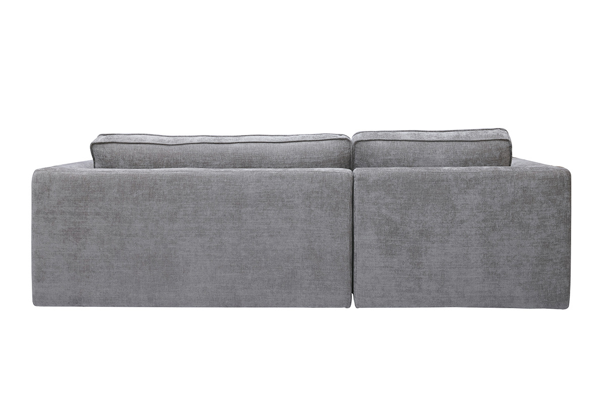 Vista trasera del sof� de esquina izquierda en tela gris efecto terciopelo texturizado.