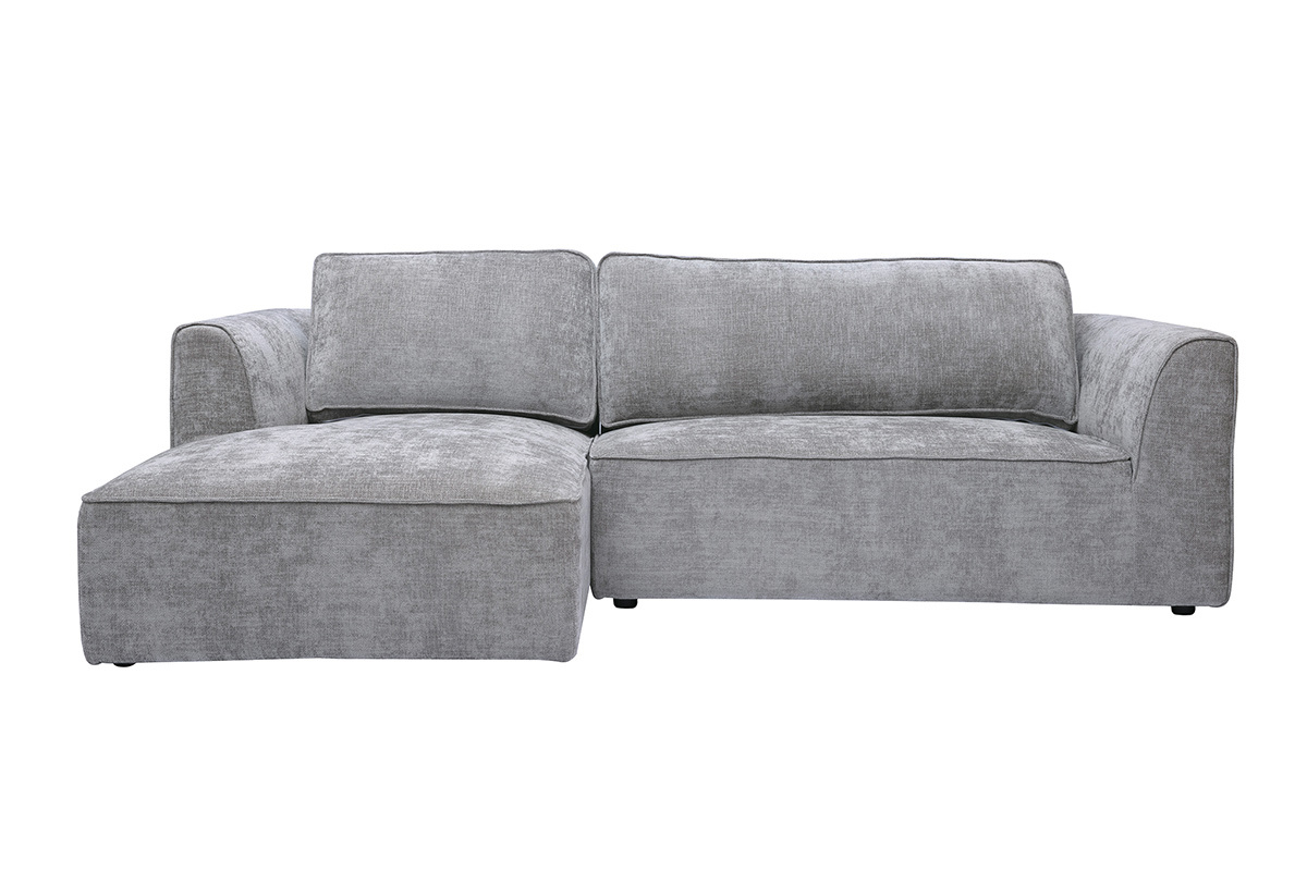 Sof� de esquina izquierda de 3 plazas, tela gris efecto terciopelo texturizado, vista frontal.