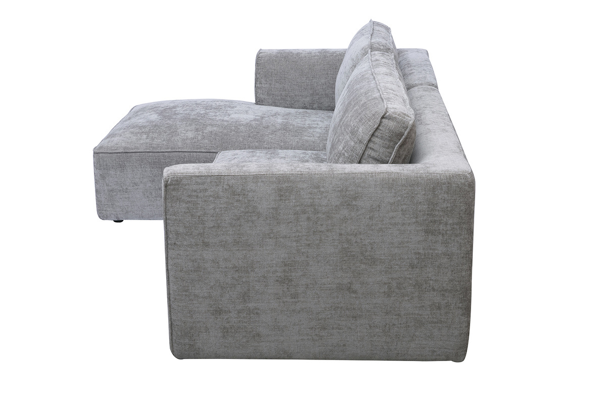 Sof� de esquina izquierda de 3 plazas gris en tela efecto terciopelo, vista lateral.