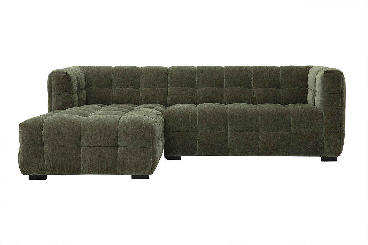 Sof de esquina izquierdo de 3 plazas de tela verde caqui efecto terciopelo, vista frontal.