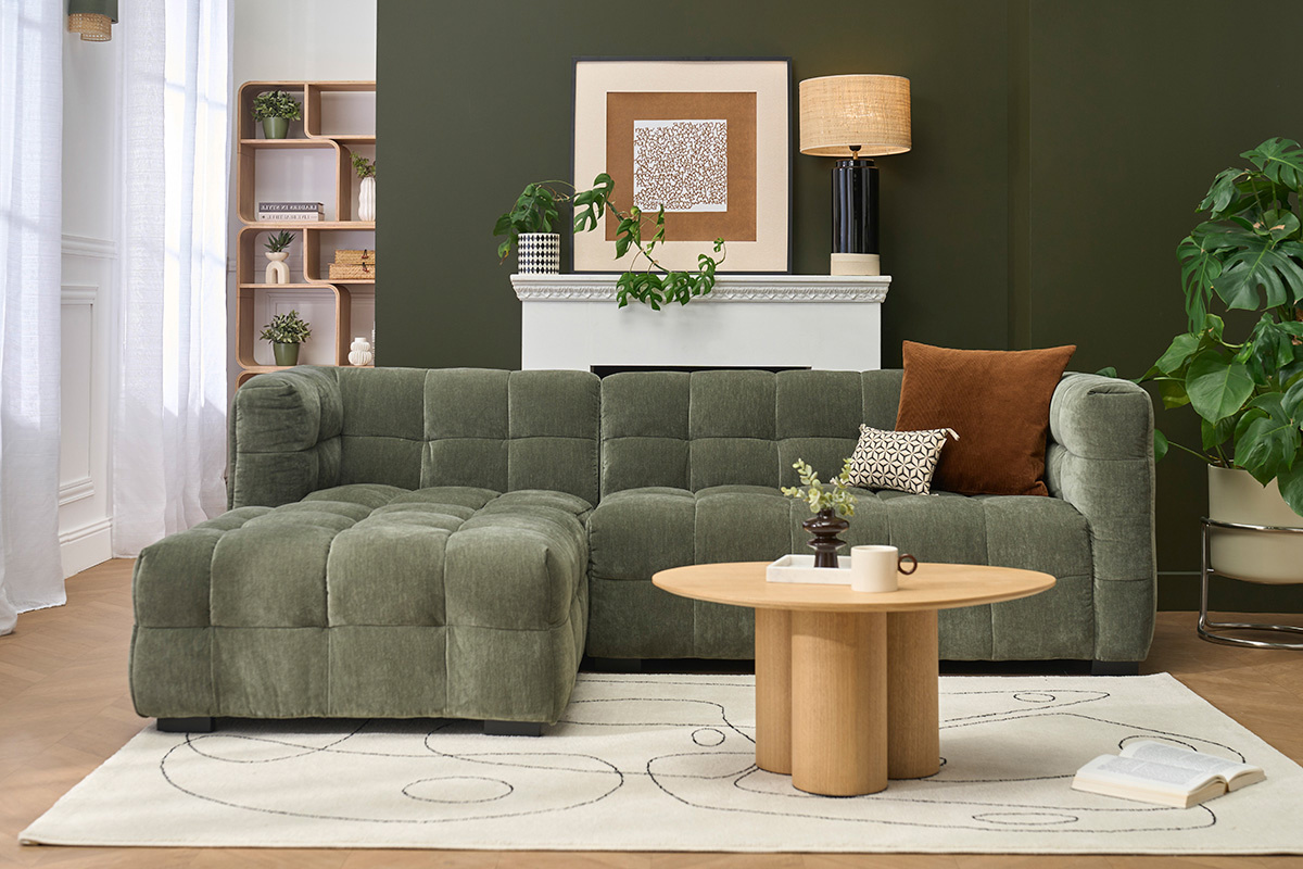 Sof� de esquina izquierda dise�o 3 plazas en tela efecto terciopelo verde caqui CORTO